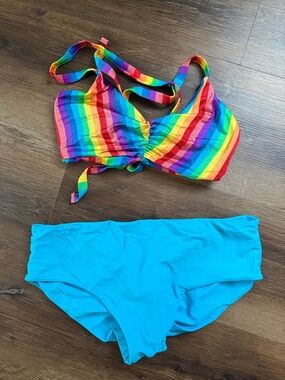 Fused Hawaii Rainbow Stripe Bikini Top with Turquoise Bottom - Women Swim Bikini